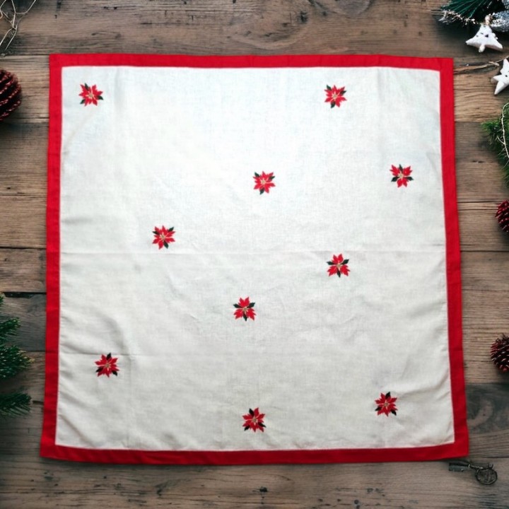 Christmas square table cloth - Red flower embroidery with red border (size 130cm)